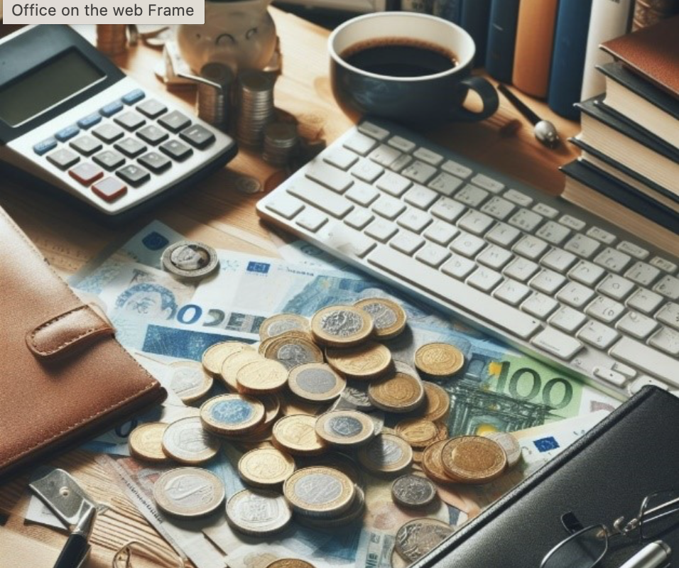 Työpöydällä on rahaa, laskin, näppäimistö ja kahvikuppi.