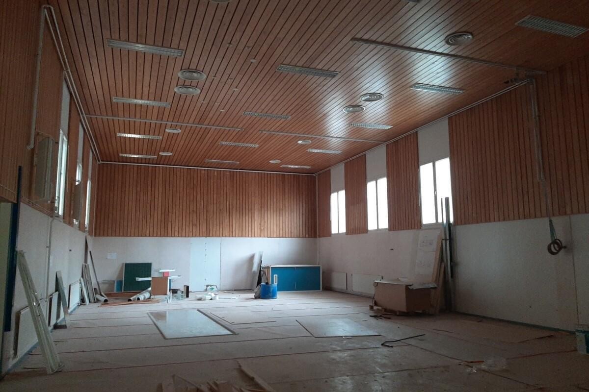 Kuva koulurakennuksen sisäliikuntasalin puupaneloinneista.