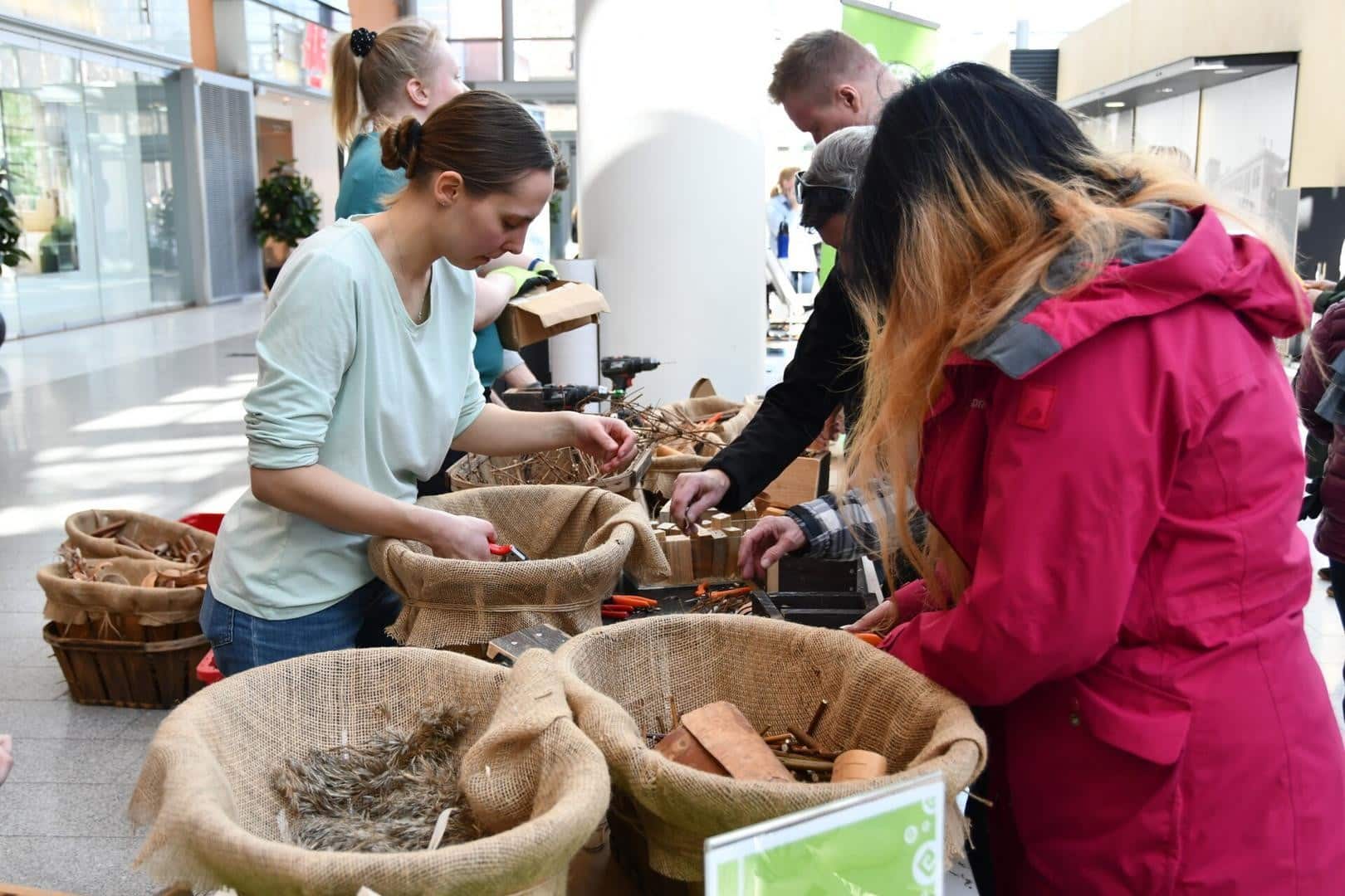 Yleisö jonottamassa hyönteishotellien valmistuspisteelle.
